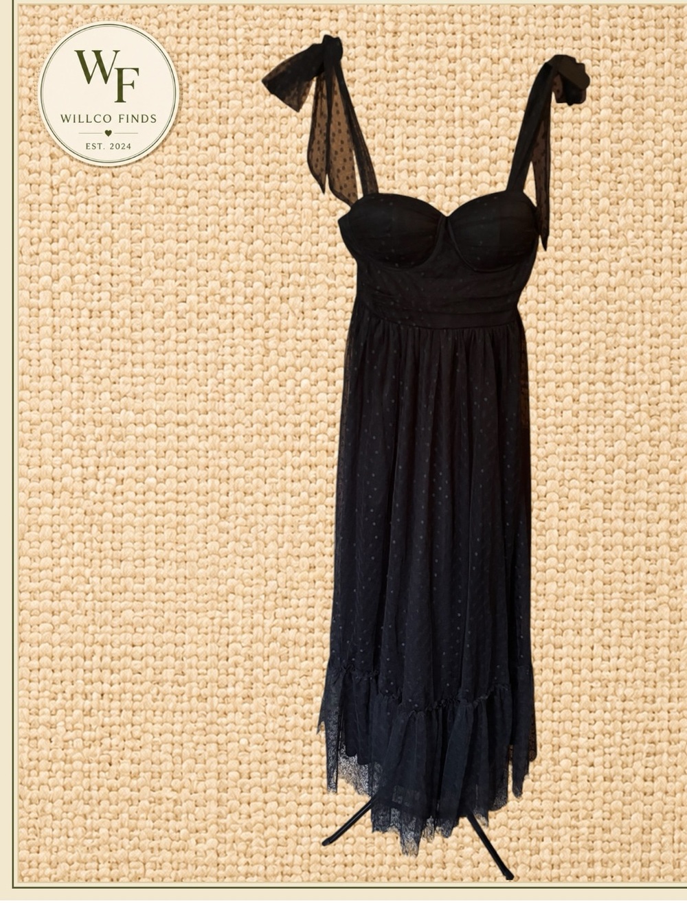 Black Swiss Dot Tulle Bustier Maxi Dress XS with Tie Strap Romantic